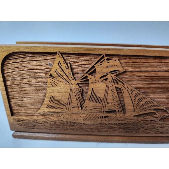 Vintage Lasercraft Wood Sailboat Napkin Holder Laser Engraved Nautical Handmade - Picture 2 of 9